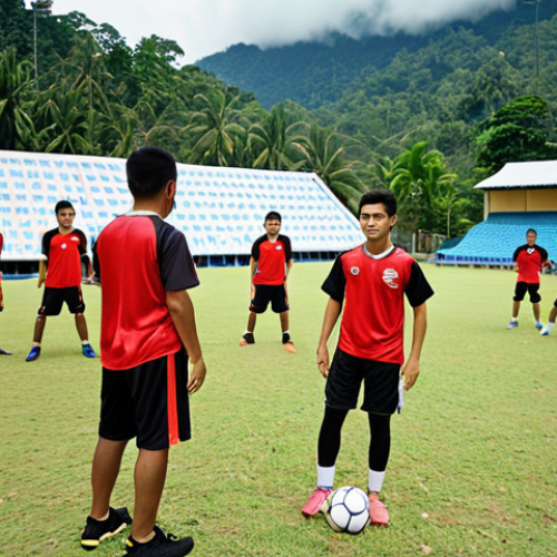 **A vibrant football club training session in Malaysia.** Show diverse young athletes passionately engaged in drills, adhering to coaching instructions, and demonstrating teamwork with positive attitudes. The backdrop should feature typical Malaysian scenery and the club's facilities.