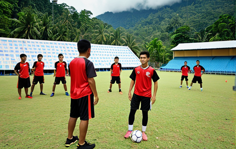 **A vibrant football club training session in Malaysia.** Show diverse young athletes passionately engaged in drills, adhering to coaching instructions, and demonstrating teamwork with positive attitudes. The backdrop should feature typical Malaysian scenery and the club's facilities.