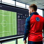 A professional football coach and athletes in modern, modest training gear on a high-tech indoor football pitch. The coach reviews player performance data on a large digital screen displaying heatmaps and analytics, while players wear GPS vests during a light training session. The setting is a clean, state-of-the-art sports science facility, emphasizing technological integration in sports. Professional photography, high quality, perfect anatomy, correct proportions, natural pose, well-formed hands, proper finger count, natural body proportions, fully clothed, appropriate attire, safe for work, appropriate content, family-friendly.