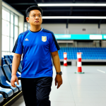 A thoughtful Malaysian football fan, wearing a modest, clean national team jersey over a casual t-shirt and dark trousers, stands calmly inside a modern, well-maintained stadium. The fan is looking at a clearly marked emergency exit sign, indicating a sense of awareness and preparation. The stadium is bright with well-lit pathways and seating, reflecting an orderly and professional atmosphere. fully clothed, modest clothing, appropriate attire, safe for work, appropriate content, professional, family-friendly, perfect anatomy, correct proportions, natural pose, well-formed hands, proper finger count, natural body proportions.
