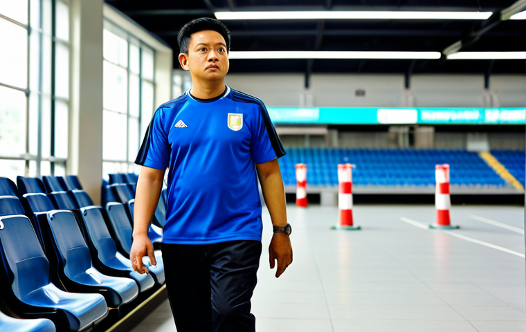 A thoughtful Malaysian football fan, wearing a modest, clean national team jersey over a casual t-shirt and dark trousers, stands calmly inside a modern, well-maintained stadium. The fan is looking at a clearly marked emergency exit sign, indicating a sense of awareness and preparation. The stadium is bright with well-lit pathways and seating, reflecting an orderly and professional atmosphere. fully clothed, modest clothing, appropriate attire, safe for work, appropriate content, professional, family-friendly, perfect anatomy, correct proportions, natural pose, well-formed hands, proper finger count, natural body proportions.