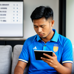 A Malaysian football fan, fully clothed in a casual yet modest polo shirt, sits comfortably on a modern sofa in a bright, contemporary living room. They are deeply engrossed, holding a sleek tablet displaying a vibrant football app interface. The screen shows a mosaic of real-time Liga Super Malaysia match scores, a news headline about a player transfer, and a detailed player statistics chart. The fan's expression is focused and engaged, reflecting the seamless access to comprehensive football information. The background features subtle football memorabilia. Perfect anatomy, correct proportions, natural pose, well-formed hands, proper finger count, natural body proportions. safe for work, appropriate content, fully clothed, modest, professional photography, high quality, studio lighting.