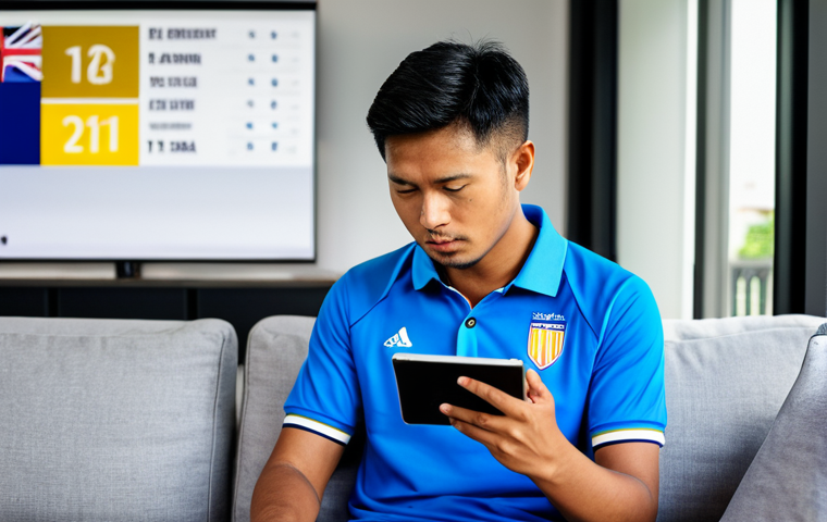 A Malaysian football fan, fully clothed in a casual yet modest polo shirt, sits comfortably on a modern sofa in a bright, contemporary living room. They are deeply engrossed, holding a sleek tablet displaying a vibrant football app interface. The screen shows a mosaic of real-time Liga Super Malaysia match scores, a news headline about a player transfer, and a detailed player statistics chart. The fan's expression is focused and engaged, reflecting the seamless access to comprehensive football information. The background features subtle football memorabilia. Perfect anatomy, correct proportions, natural pose, well-formed hands, proper finger count, natural body proportions. safe for work, appropriate content, fully clothed, modest, professional photography, high quality, studio lighting.