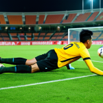 Goalkeeper in Action**

"A fully clothed Malaysian goalkeeper in a bright jersey, diving to save a ball during a match at Stadium Bukit Jalil. Green grass, bright stadium lights, action shot. Safe for work, appropriate content, perfect anatomy, natural proportions, professional sports photography, modest sports attire."

**